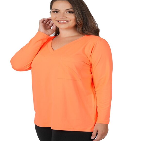 ZENANA PLUS PREM BUTTERY LONG SLEEVE V NECK TOP NEON CORAL FRONT POCKET 1X & 3X - Picture 1 of 2